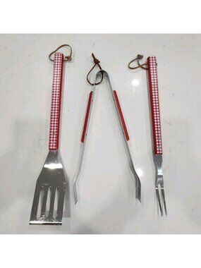 Vintage BBQ Tool Set Stainless Steel Red White Checks Gingham